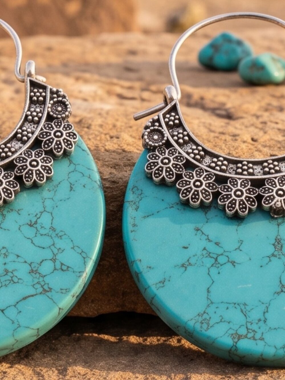 Turquoise Stone Crescent Hoop Earrings 925 Silver Plated Southwestern Artisan 2" - Picture 11 of 16